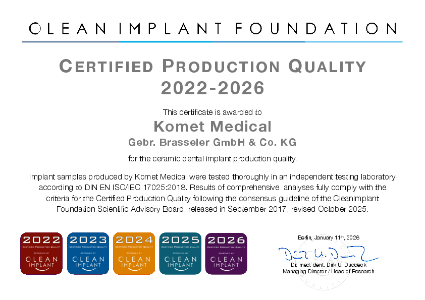 CleanImplant Production Quality Certificate